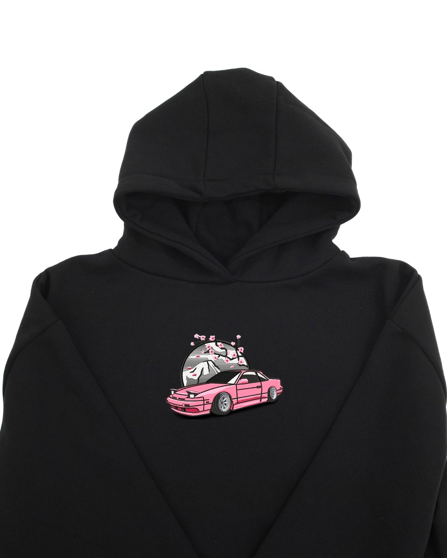 PINK CAR WITH CHERRY BLOSSOM AND MOUNTAIN BACKGROUND EMBROIDERY