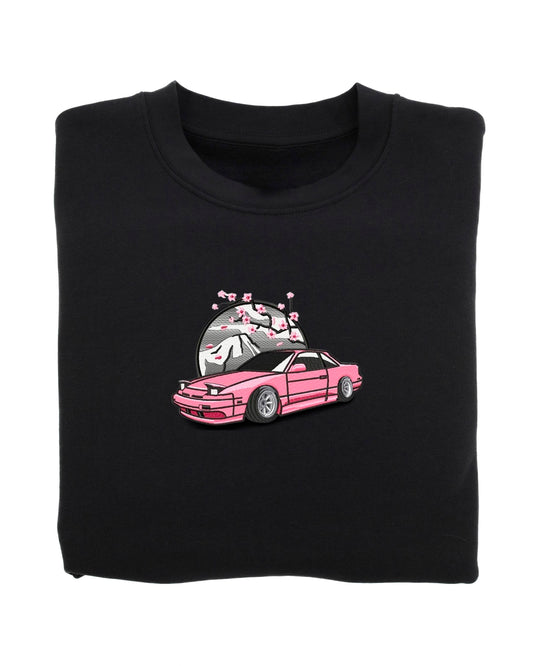 PINK CAR WITH CHERRY BLOSSOM AND MOUNTAIN BACKGROUND EMBROIDERY