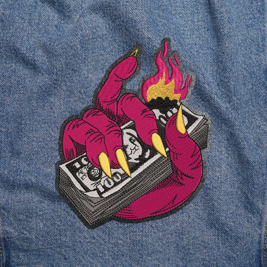 Burning Money in Hand  patch for custom vest Artwork for Clothing and Accessories