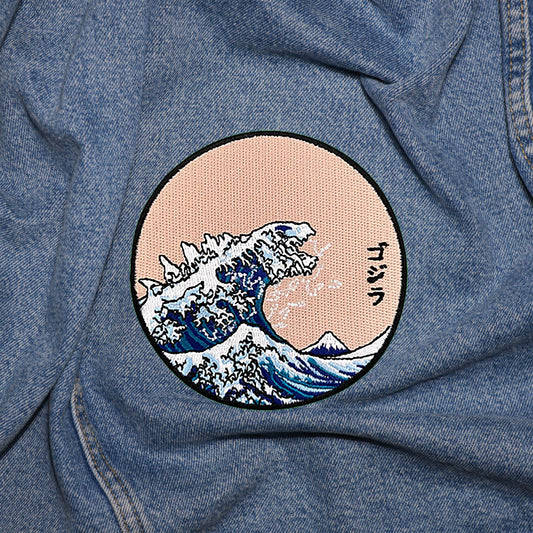 Iron on Godzilla and the Great Wave of Kanagawa Patch, Funny Patch, Embroidered Patch, Patch for Jackets, Badge ,Applique, Art